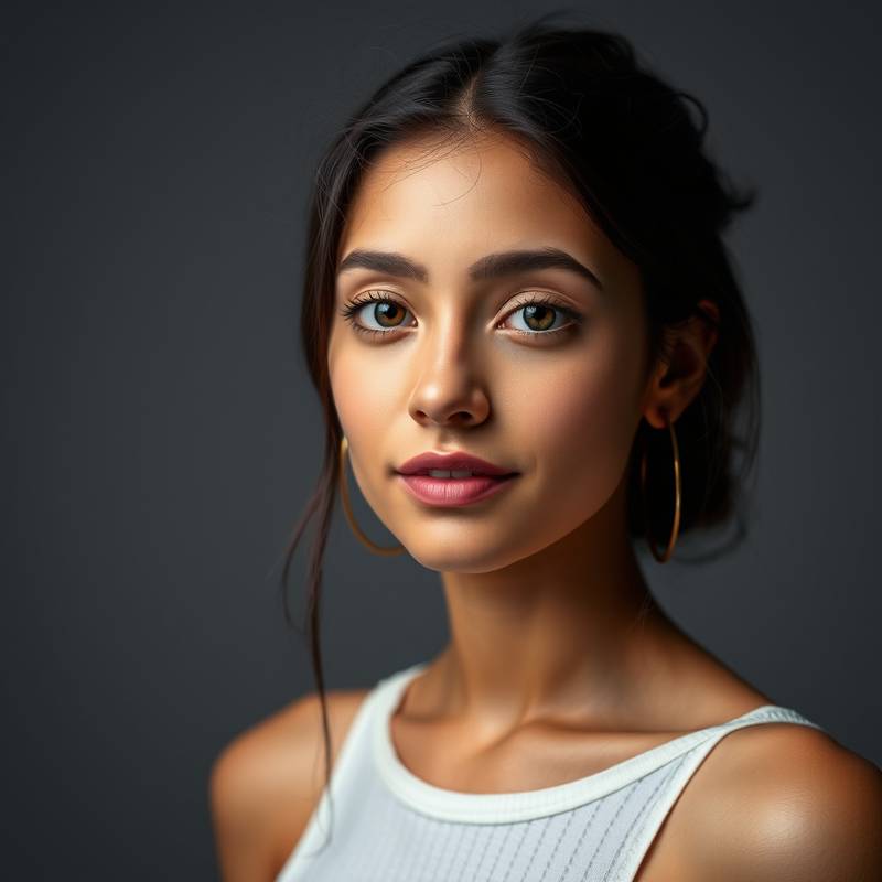 A perfectly lit studio portrait of a young woman, representative of the portrait photography course