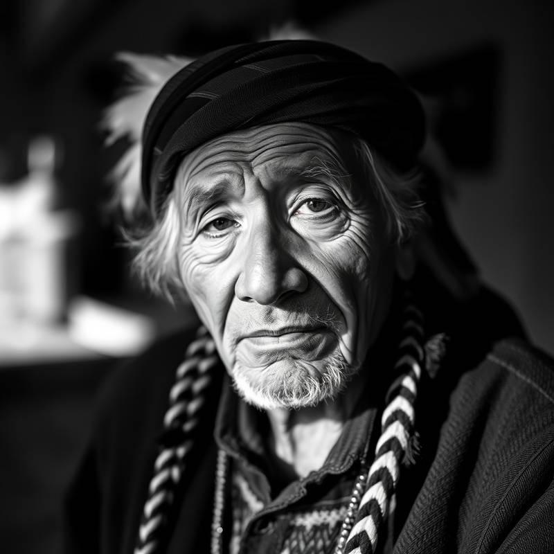 Black and white portrait of an elderly Indigenous Australian man, taken by a portrait photography student
