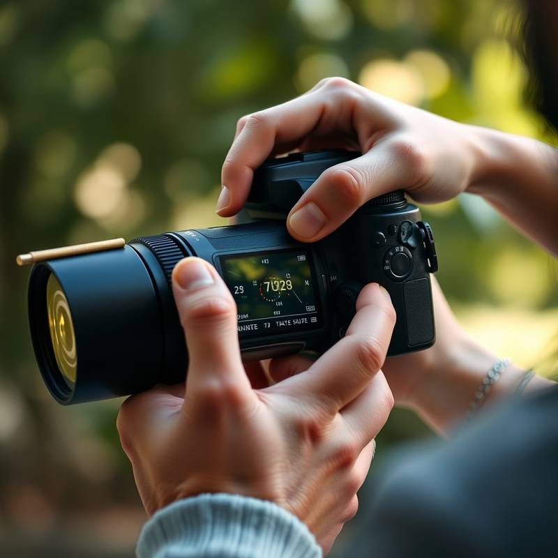 Hands adjusting settings on a professional DSLR camera with LCD screen visible